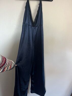 Leith Navy Satin V-Neck Wide-Leg Jumpsuit